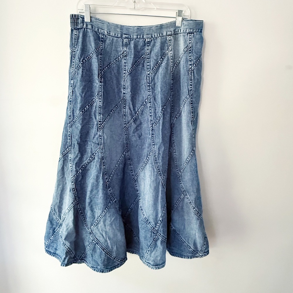 Studio West Patchwork Denim Skirt Large Blue Midi Boho Acid Wash Country Western